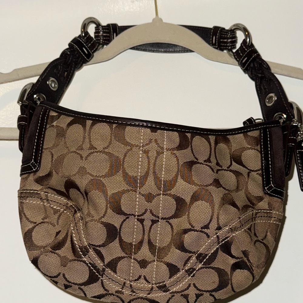 Coach Brown Half Moon Shoulder Bag with Signature Monogram and Buckle Accent